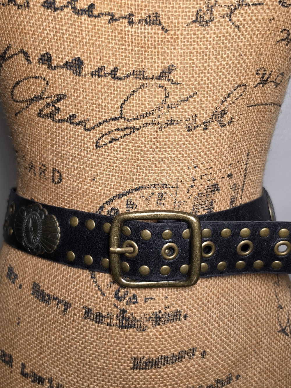 Black Studded Faux Leather Belt with Antique Brass Buckle